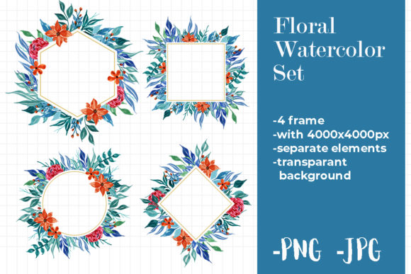 Blues Watercolor Leaf Floral Frame Set