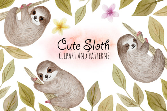 Cute Sloth. Watercolor Patterns for Crafts