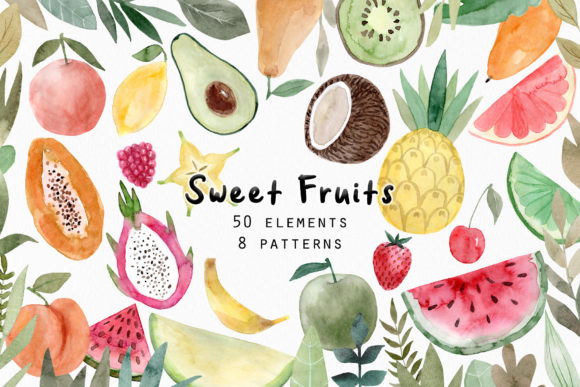 Watercolor Fruits. Patterns, Cliparts for Crafts