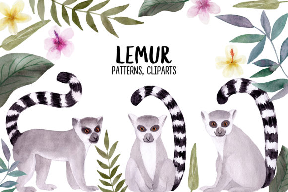 Watercolor Lemur. Patterns and Cliparts in Crafts