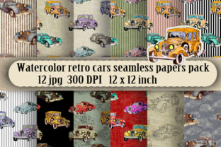Watercolor Retro Cars Patterns Set