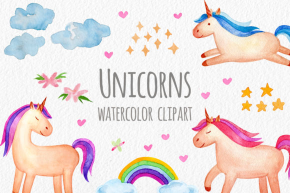 Watercolor Unicorns. Cliparts, Patterns. Crafts